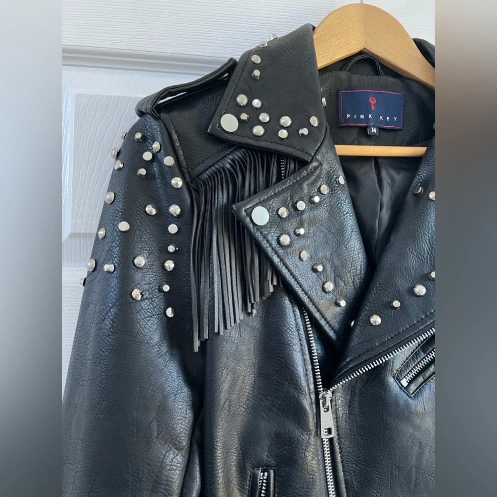 PINK ROSE Black Studded Fringe Leather Moto Jacket - Picture 3 of 10